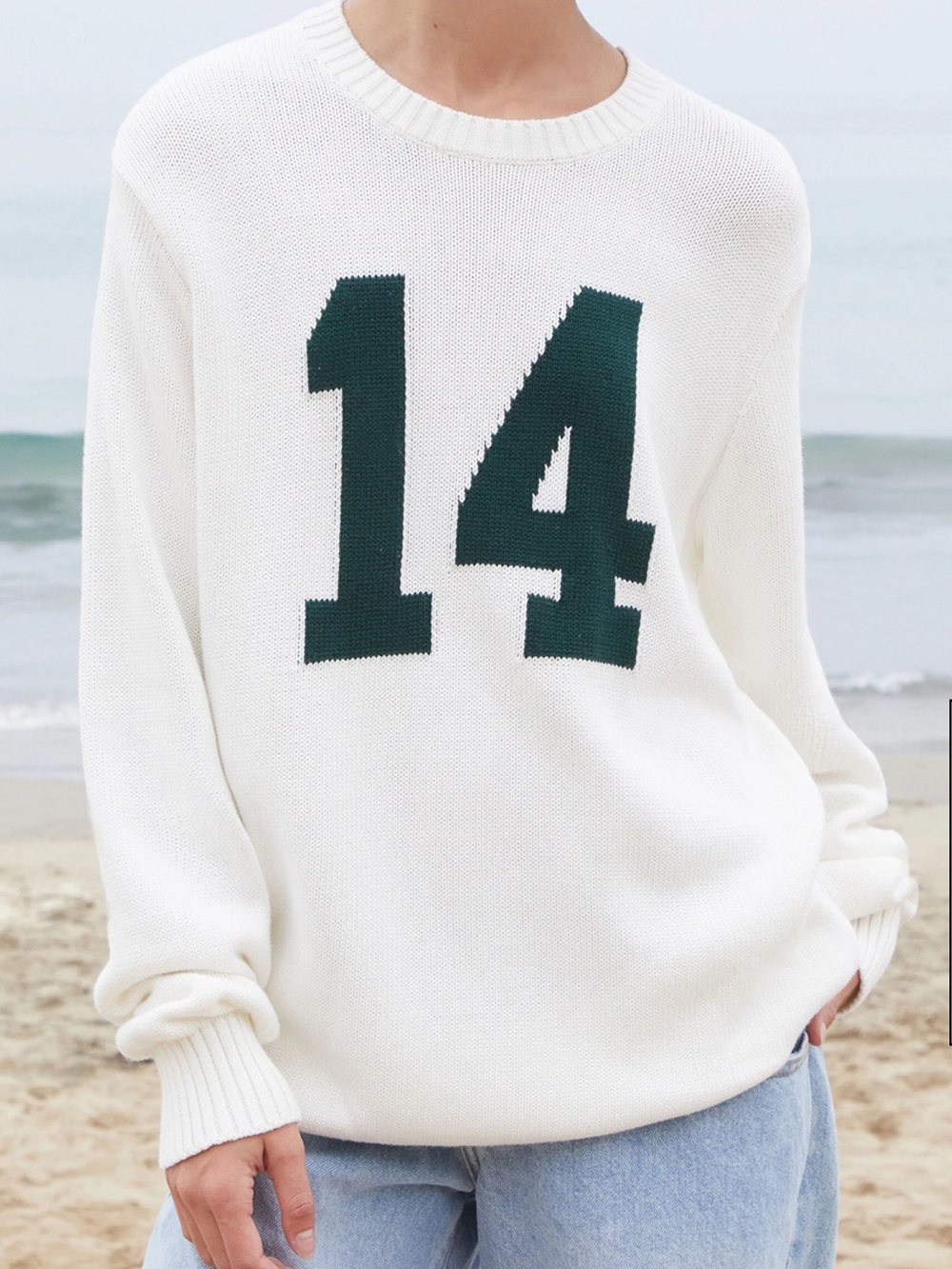 BRANDY MELLVILLE John Galt Cream & Green Crewneck Sweater '14' OSFM